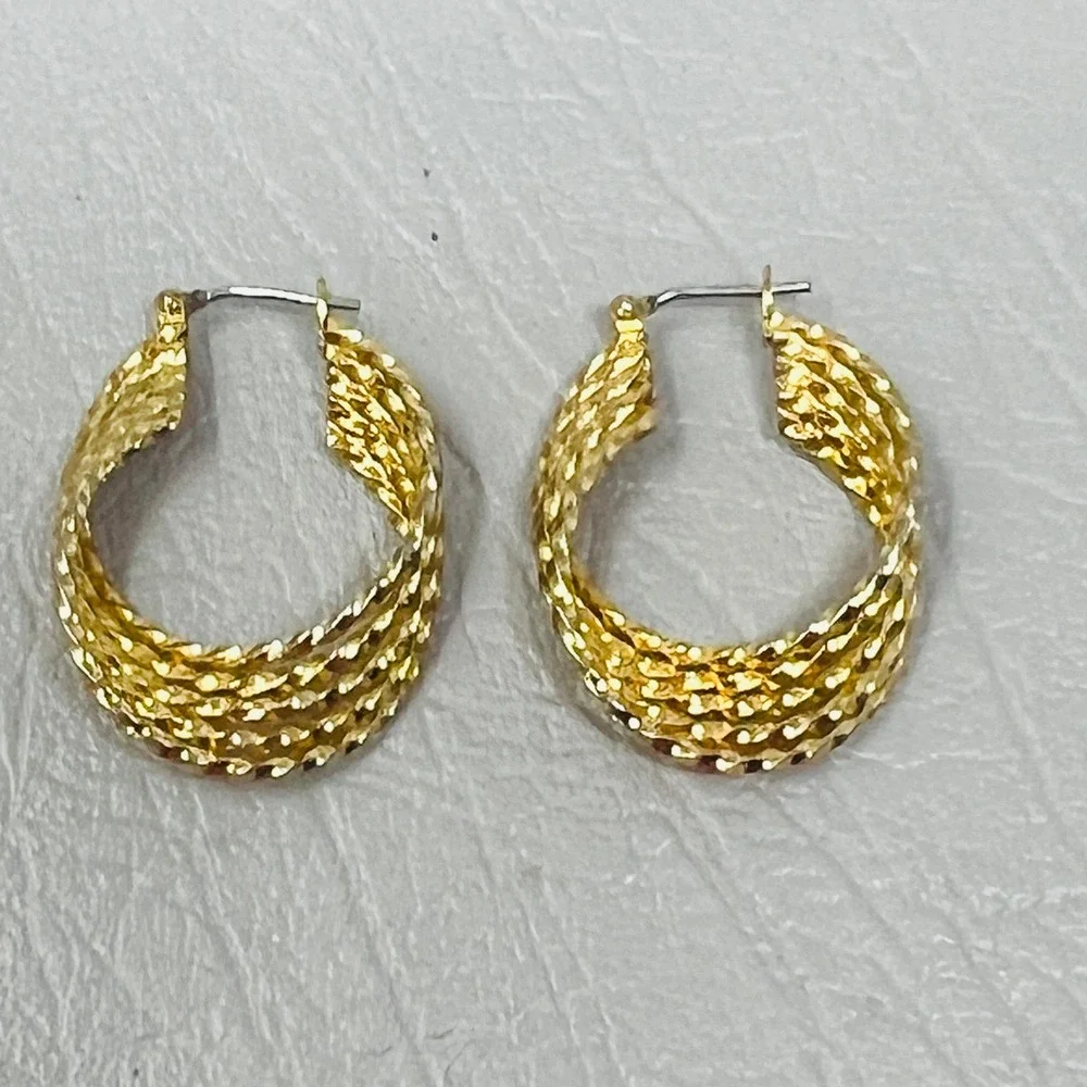 Gold Tone Twisted Multi Strand Hoop Earrings Textured Basketweave Style